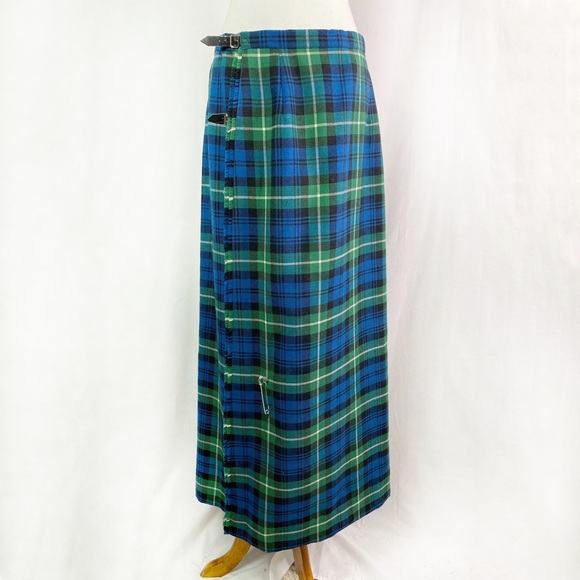Vintage Dresses & Skirts - Vintage Blue Green Tartan Plaid Wool Skirt Lg